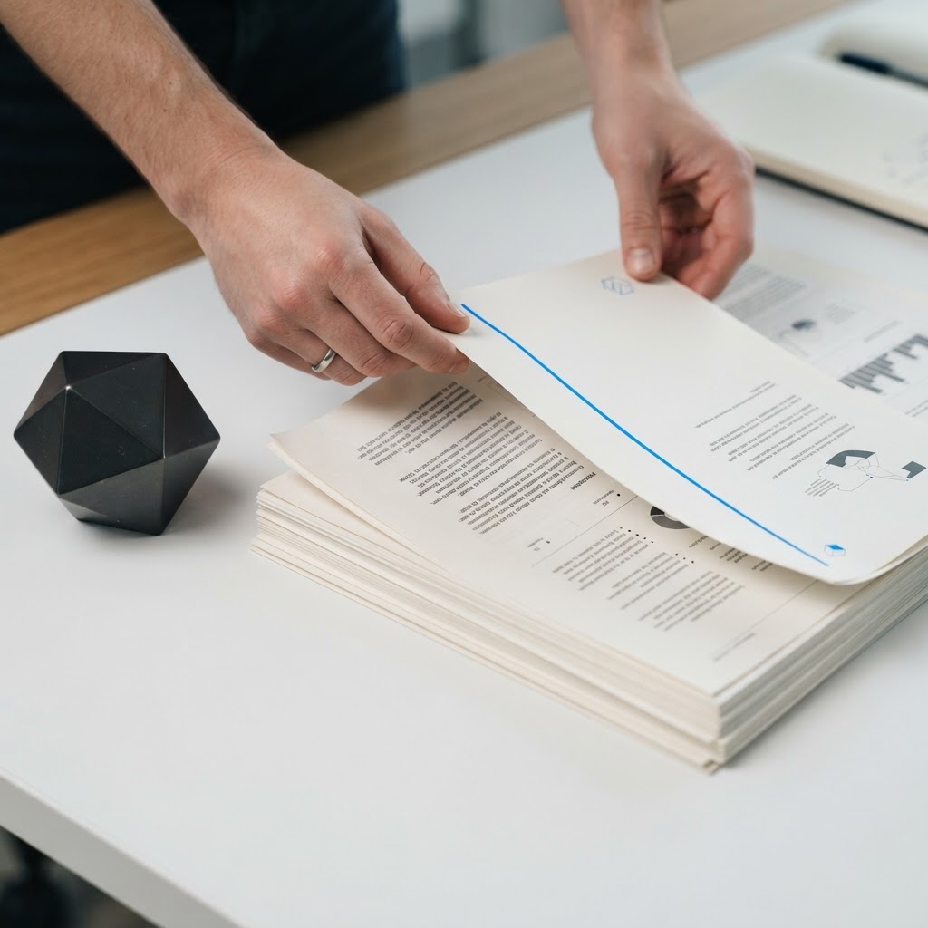 Hands organizing professional reference documents