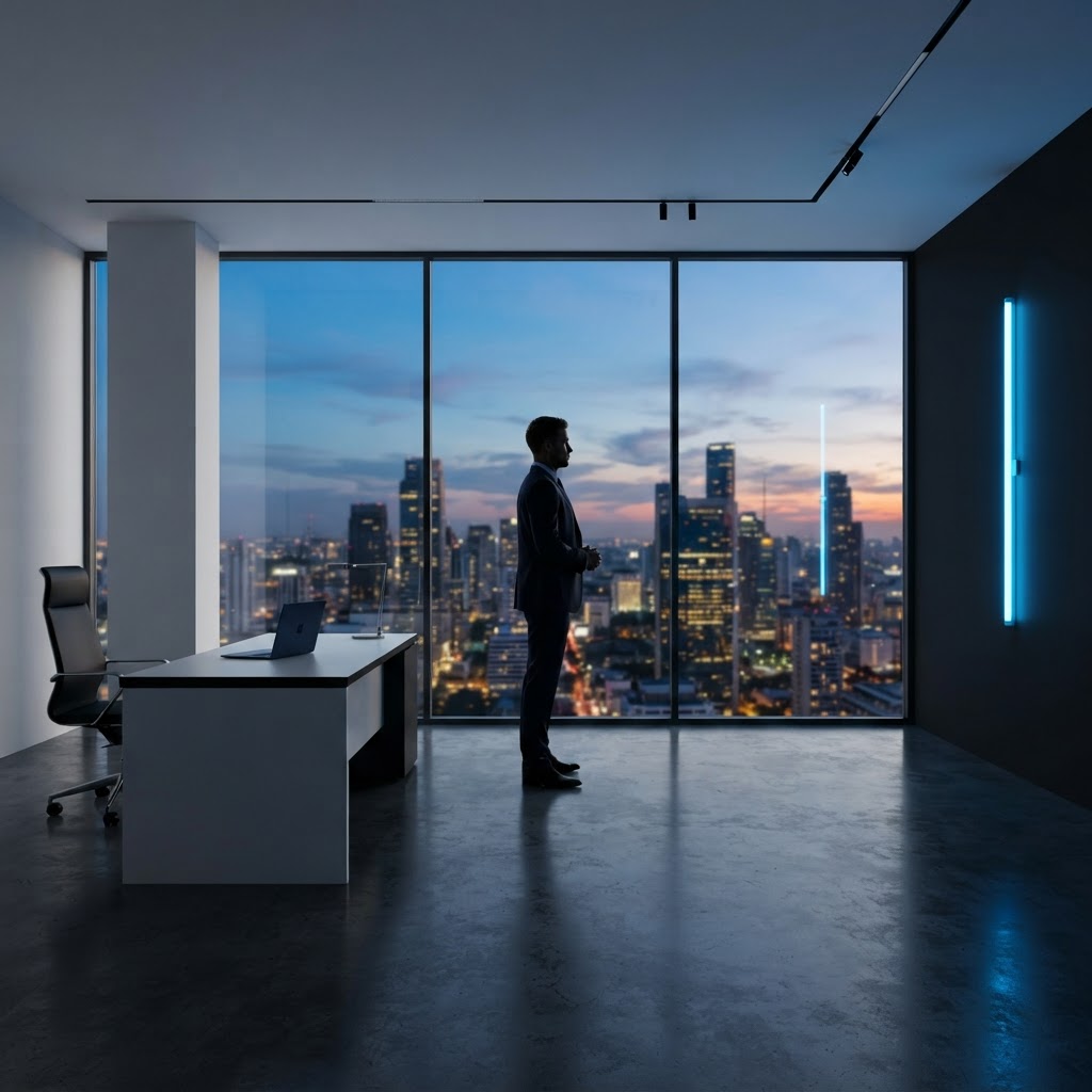 Professional executive looking out of window in modern office