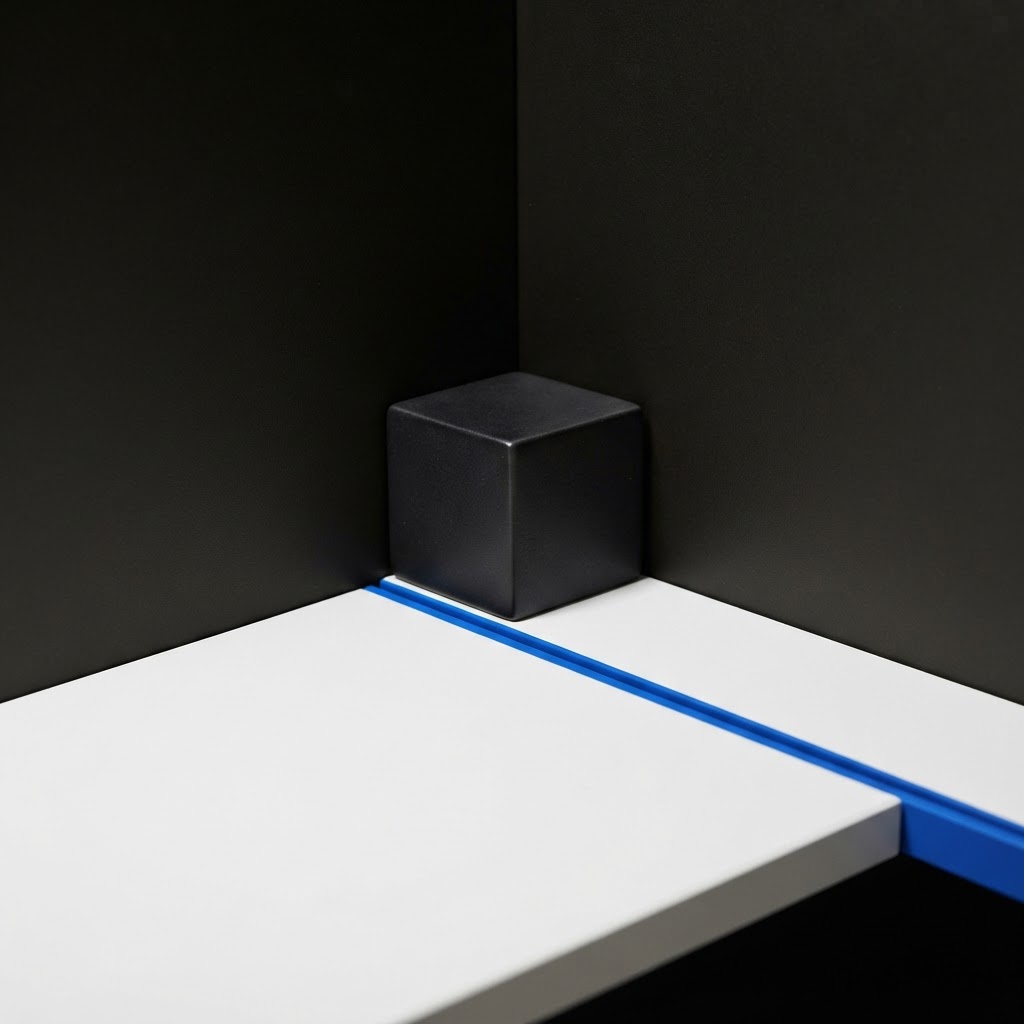 Geometric black cube on a desk with a blue accent line