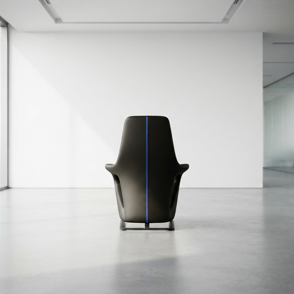 Minimalist chair in a bright empty room with blue trim
