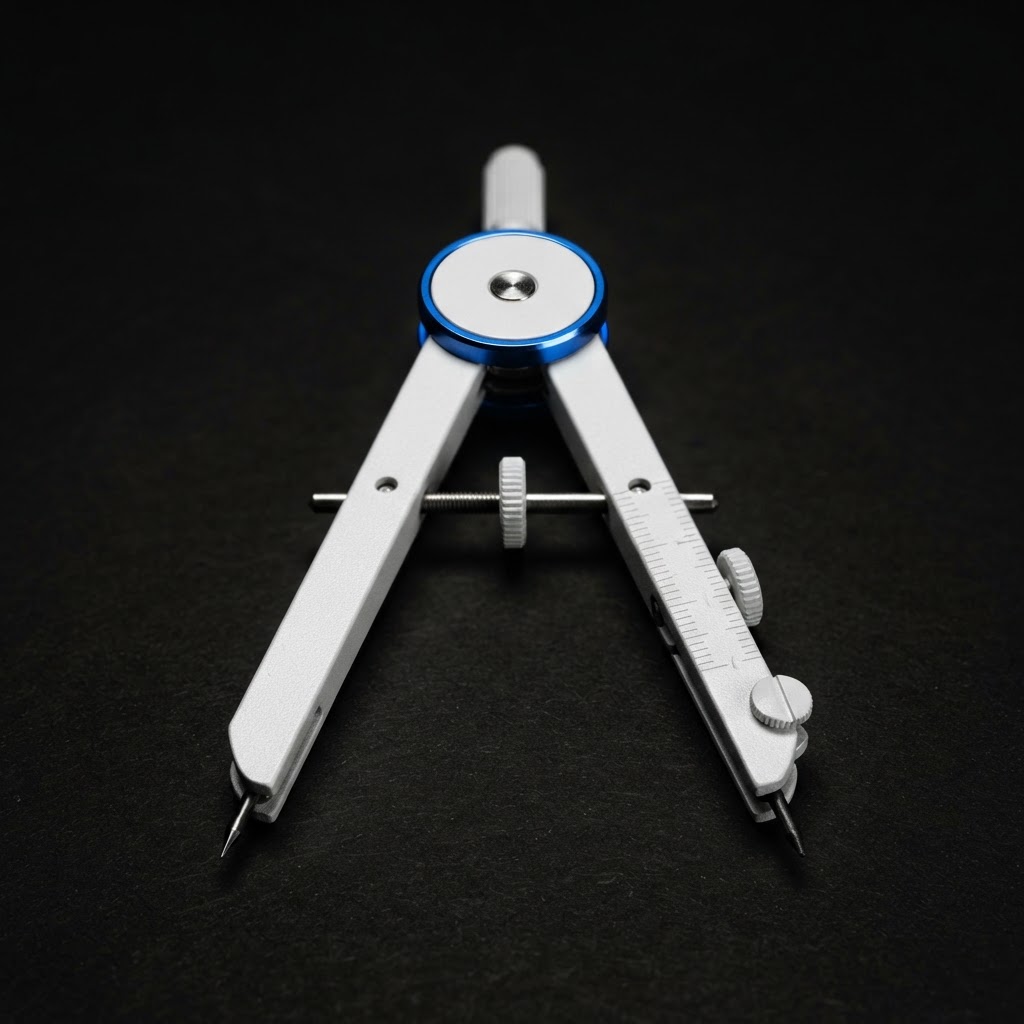 Professional drafting compass on a dark background with blue detail