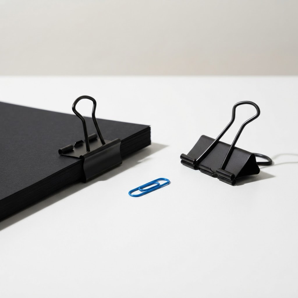Two near black clips on a white desk with a blue accent