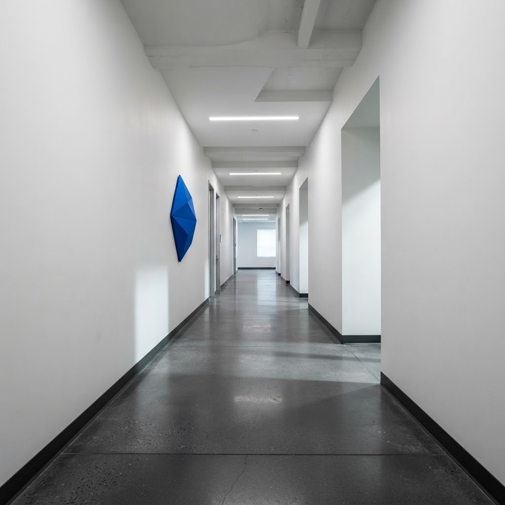 Minimalist office architecture with a blue accent panel