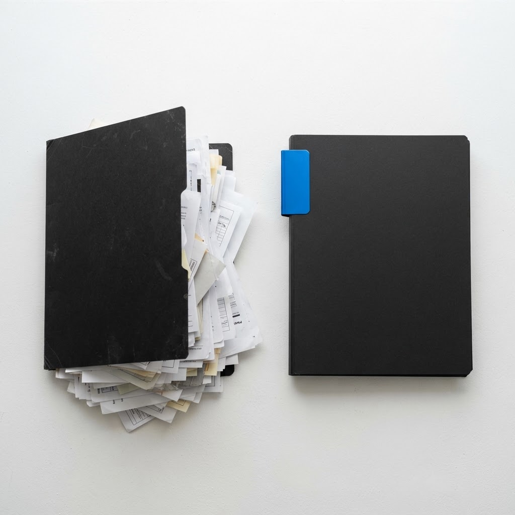 Two folders representing organized and disorganized marketing workflows