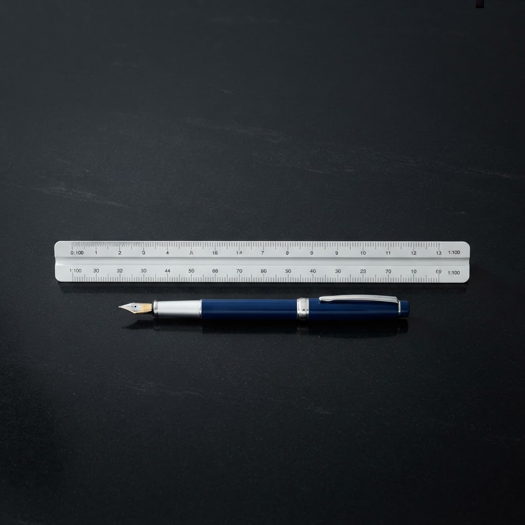Minimalist architectural ruler and cobalt blue pen on stone