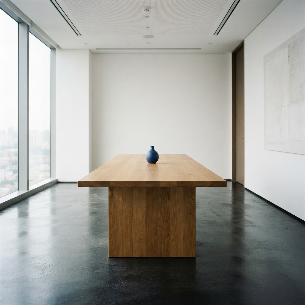 Minimalist conference room with single blue vase