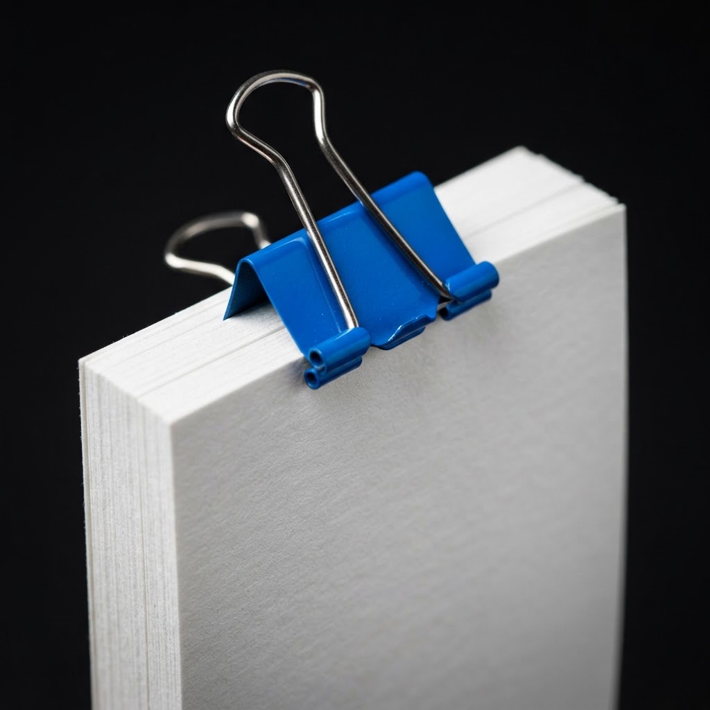Premium paper stack secured with an electric blue clip
