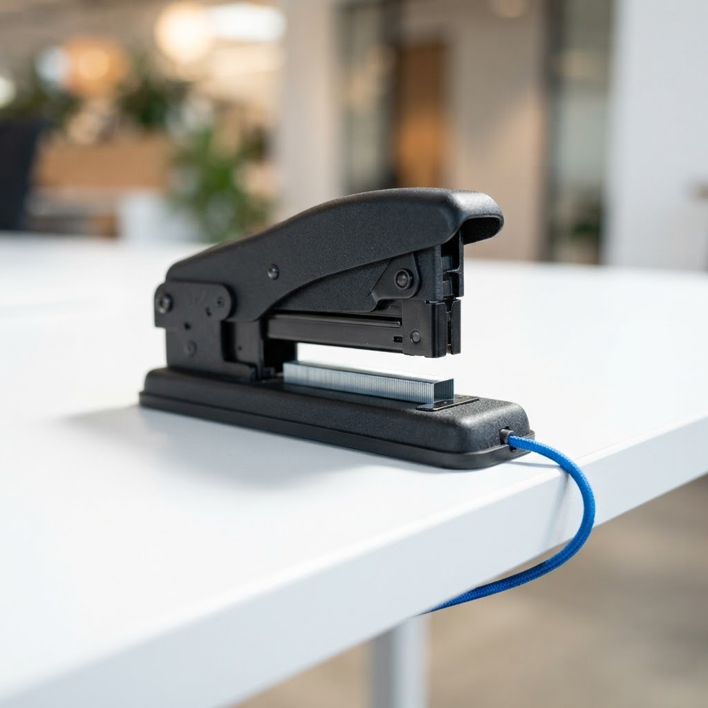 Office equipment on a white desk with an electric blue accent
