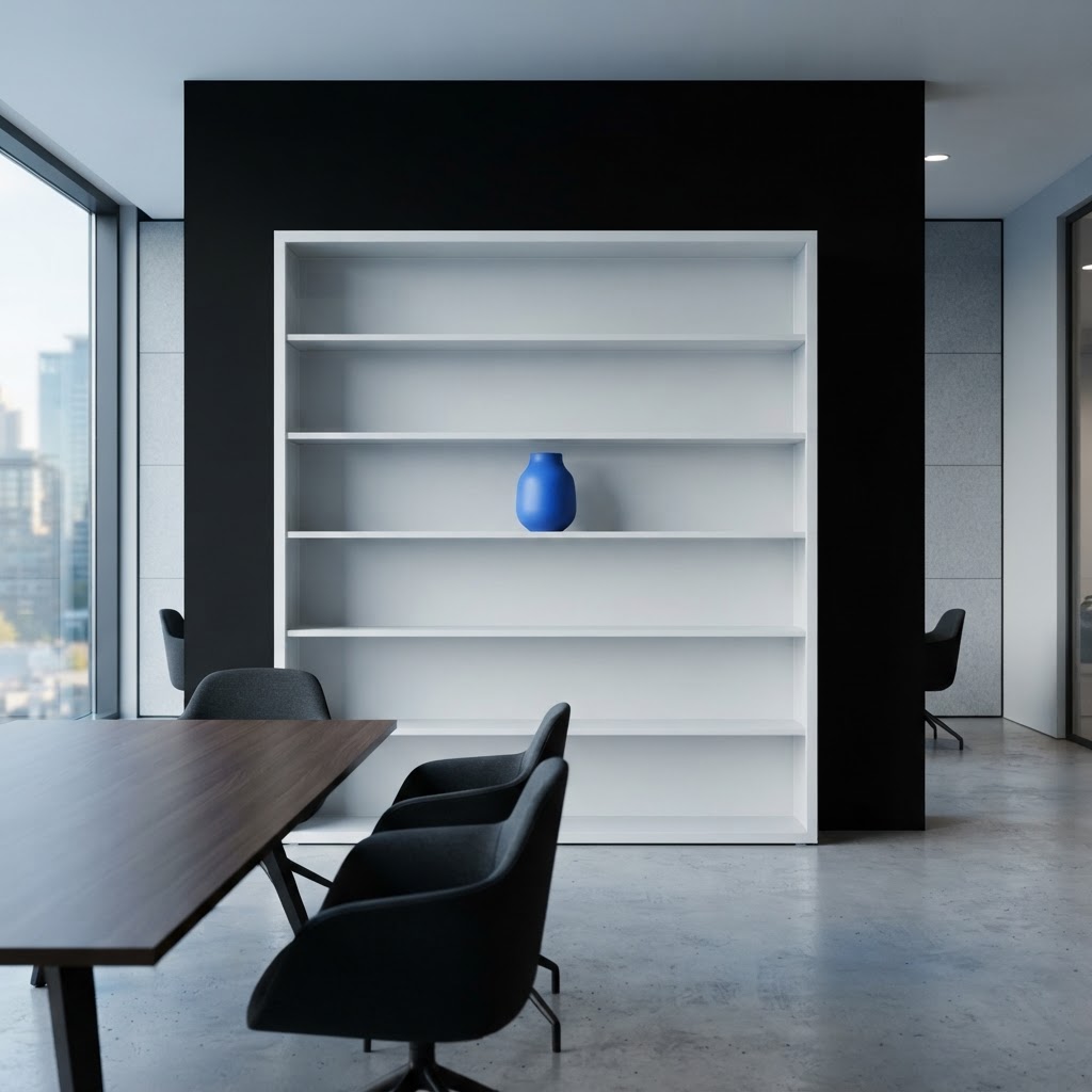 Clean architectural shelf against black wall with blue vase
