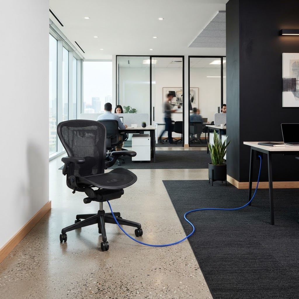 Minimalist modern B2B office with electric blue cable accent