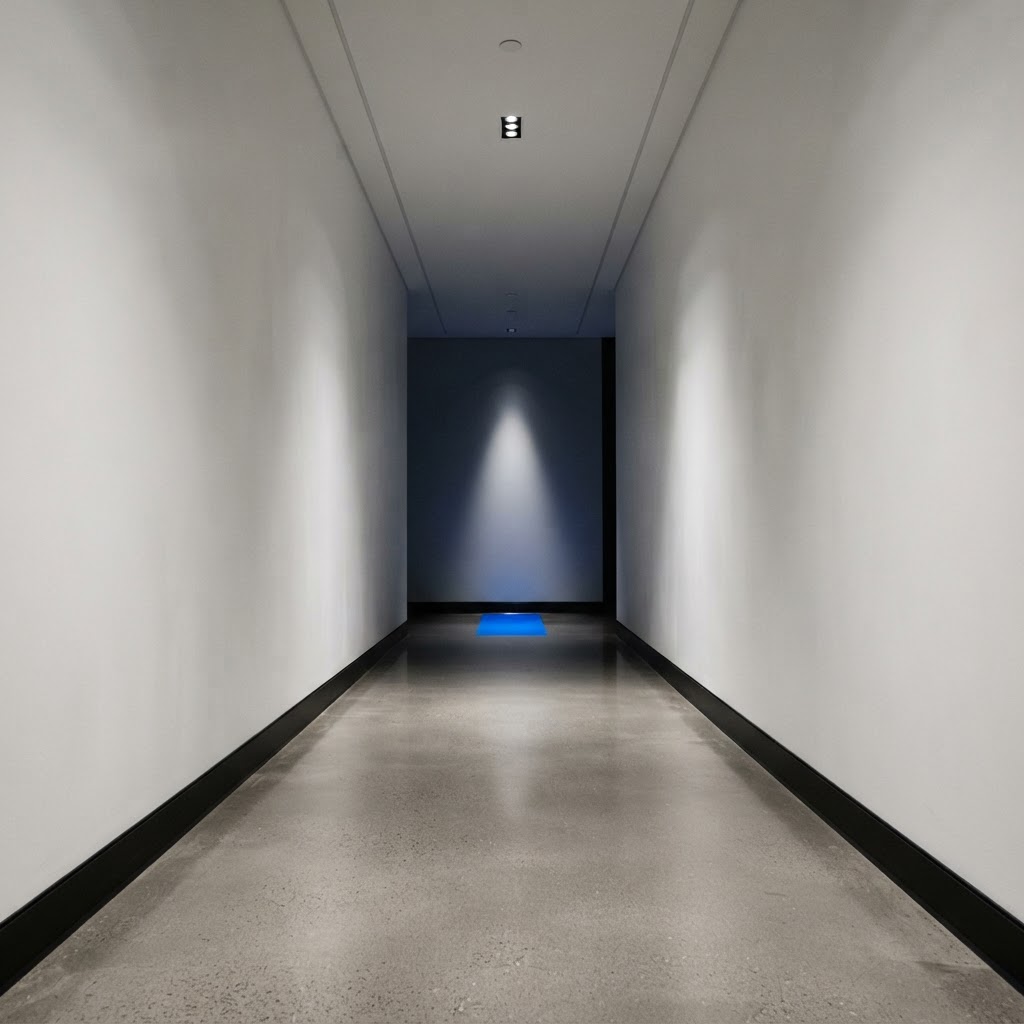 Modern architectural hallway with blue floor marker accent