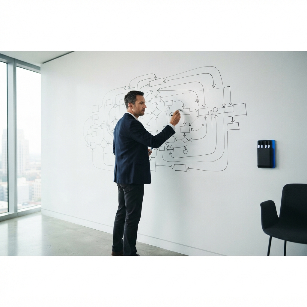 Marketing professional sketching a framework on a wall