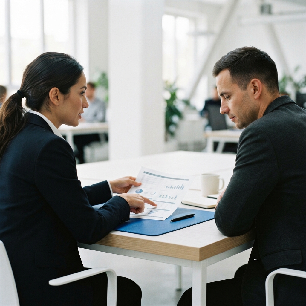 Strategist reviewing physical documents in a modern office