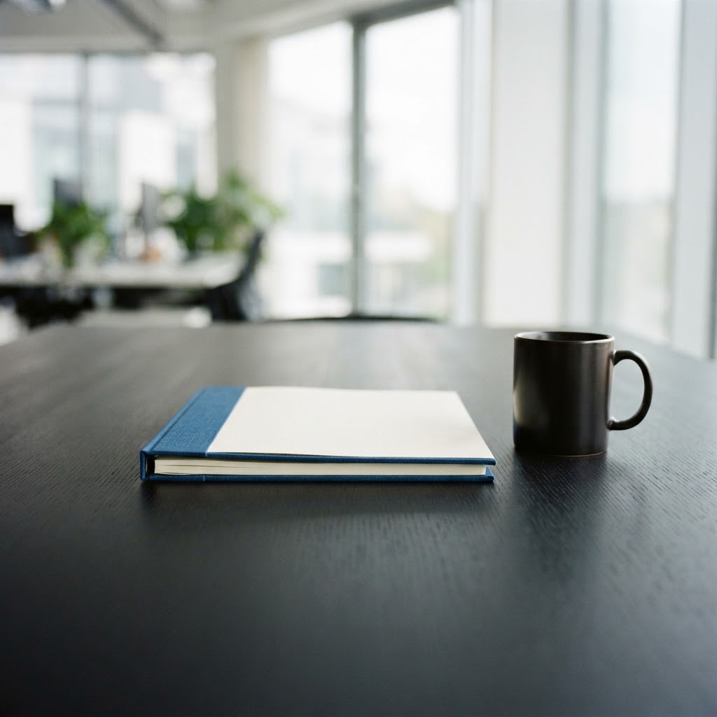 A single blue-edged document folder and mug on a dark table