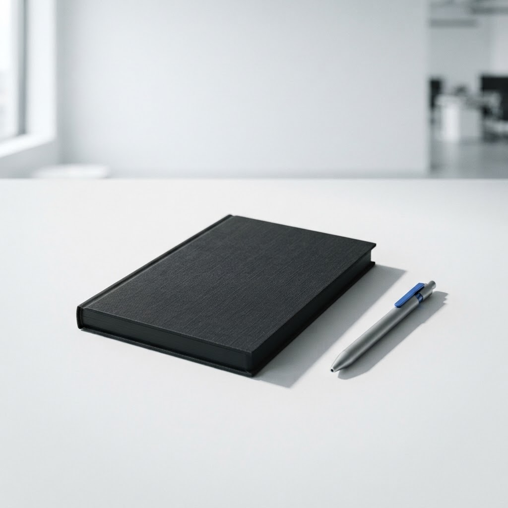 Minimalist black notebook and metallic pen on a white desk