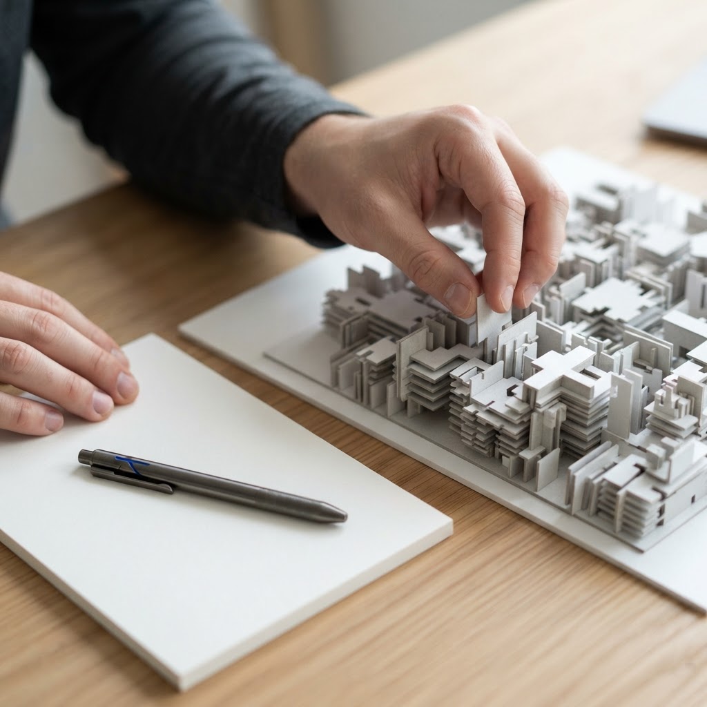 Professional strategist planning infrastructure with physical tools