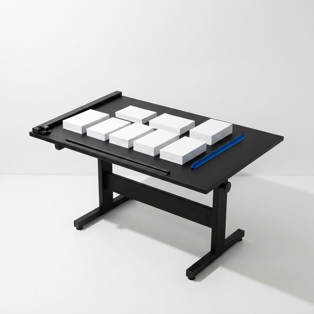 Clean architectural table with stacks of documents and a blue ruler