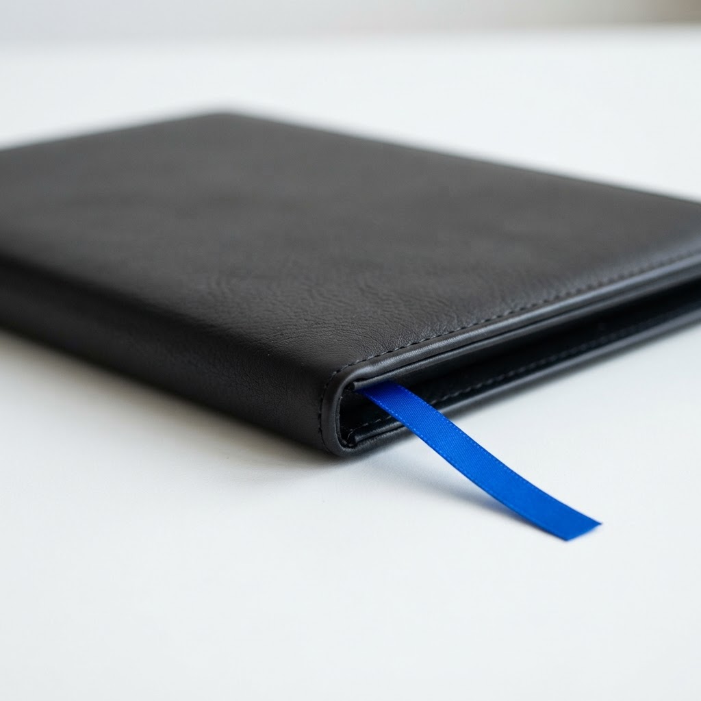 Closed black portfolio on a white desk with a blue ribbon accent