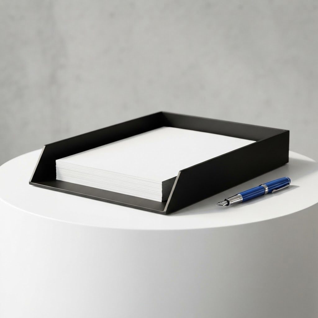 Document tray with stack of paper and a blue fountain pen