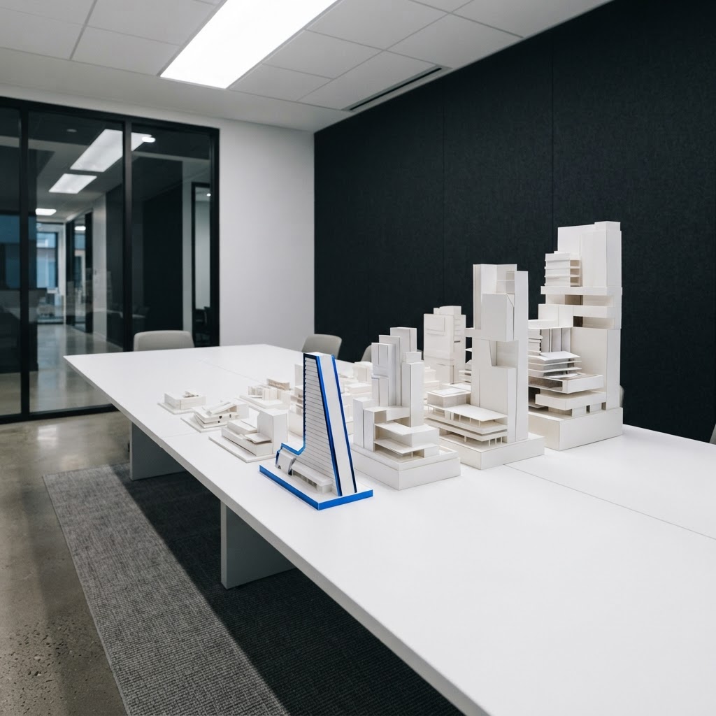 Minimalist white table with ascending document structures and blue trim