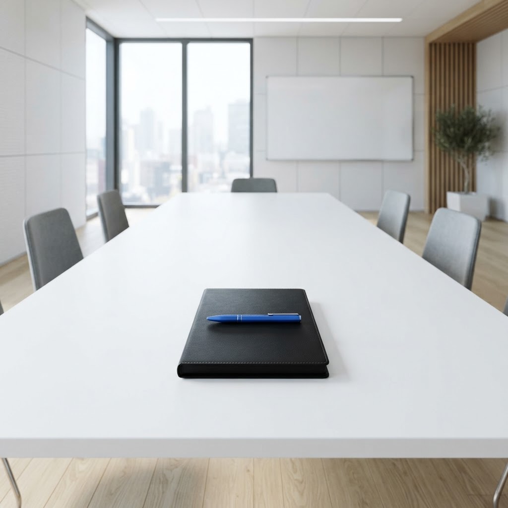 Professional leather notebook with an electric blue pen on a white table