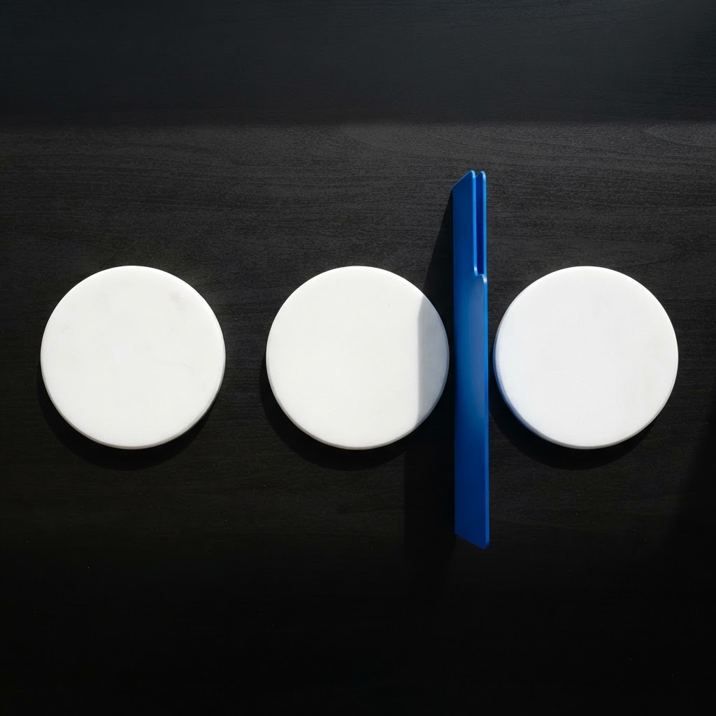 Three white coasters with an electric blue divider tab