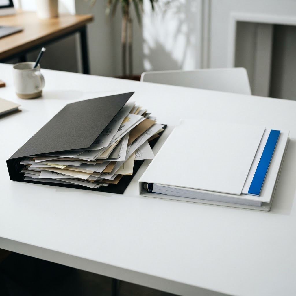 Two professional folders showing organized versus cluttered business documentation