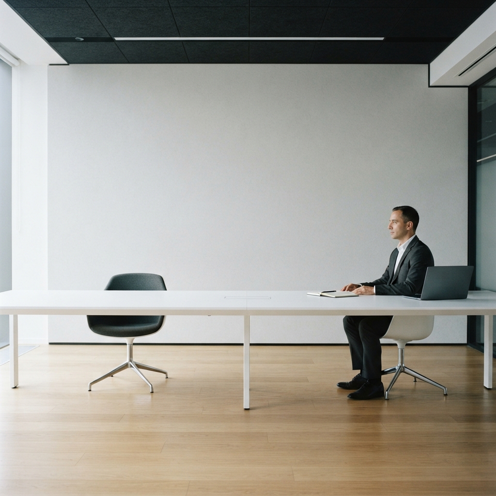 An executive sitting at a clean minimalist conference table