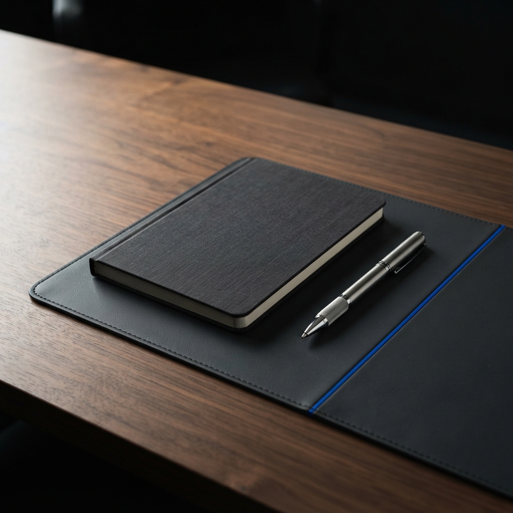 Professional workspace with notebook and pen