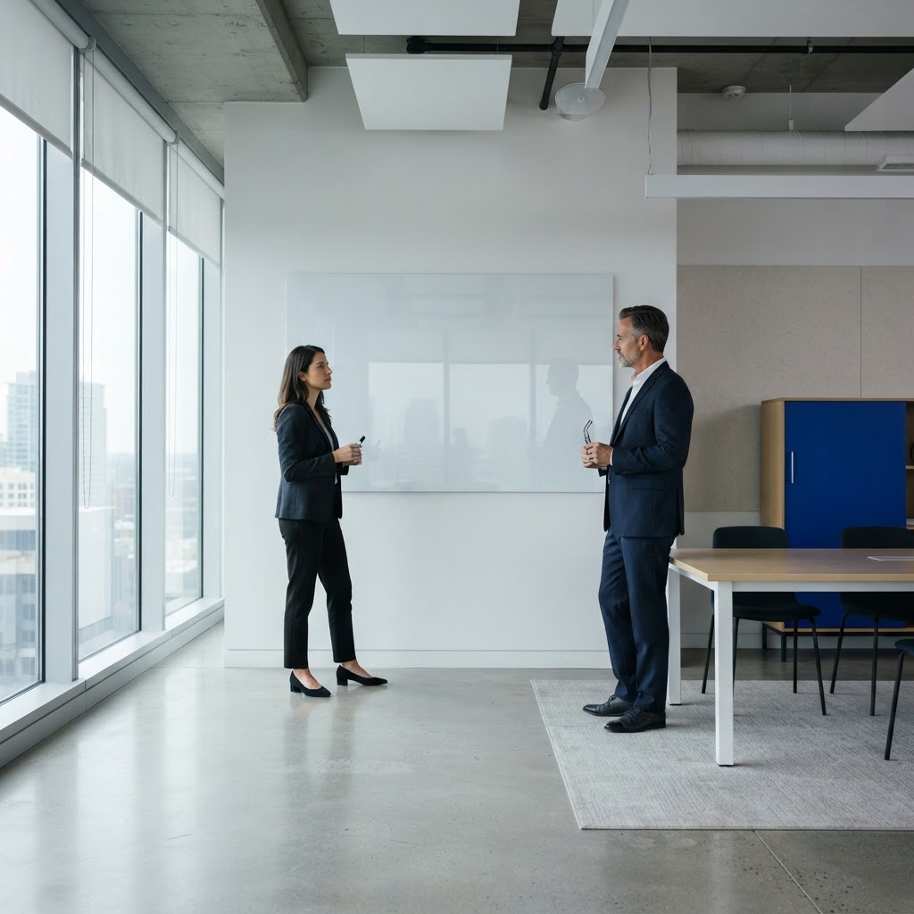 Professionals collaborating in a minimalist boardroom