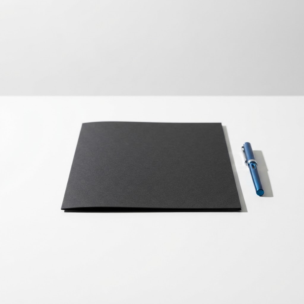 A black folder and blue pen on a white desk