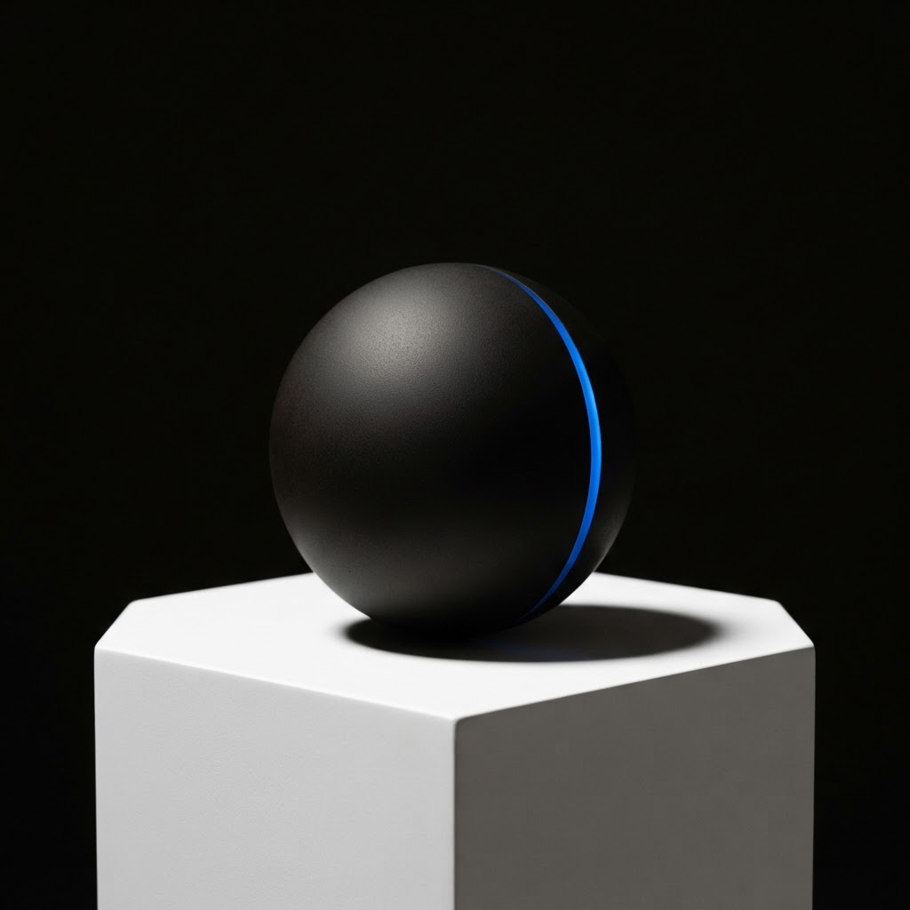 A black sphere on a white pedestal with a blue light accent
