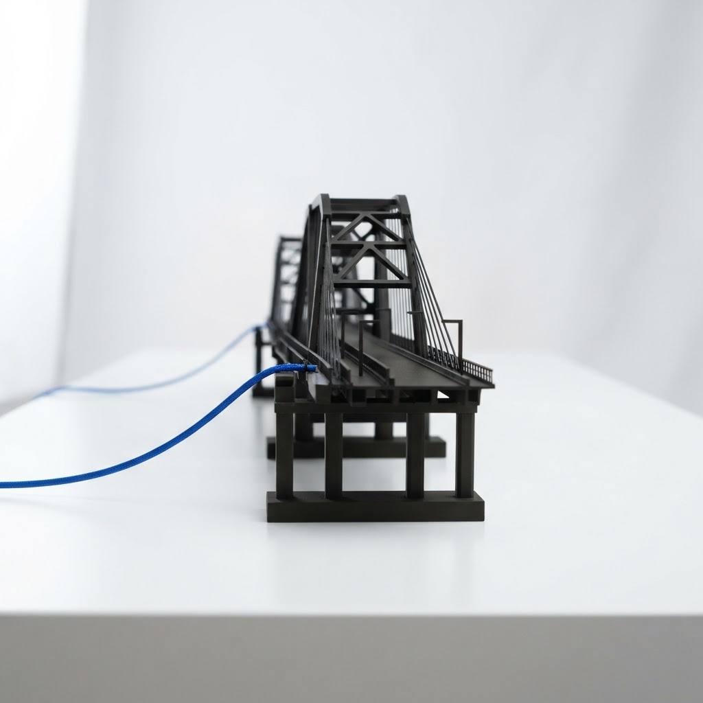 An architectural model of a bridge on a white desk