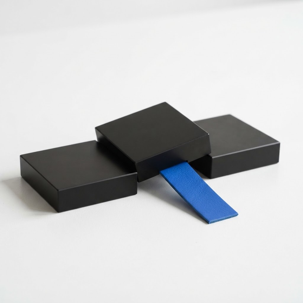Black weight blocks on a white desk with a blue bookmark