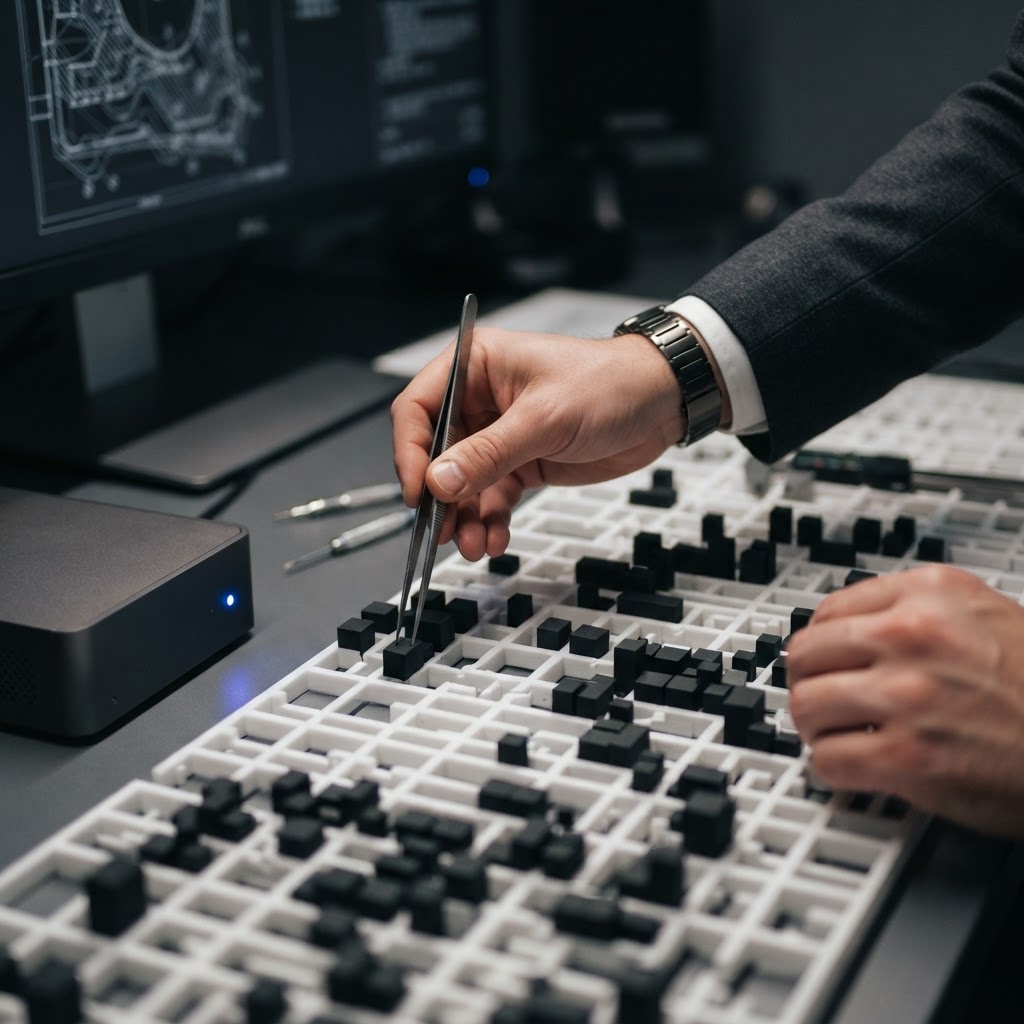 Hands arranging architectural blocks on a grid