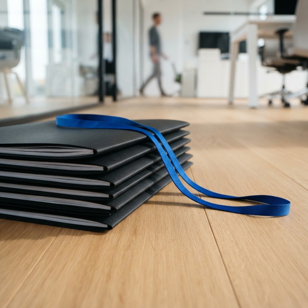 Organized black folders with an electric blue lanyard