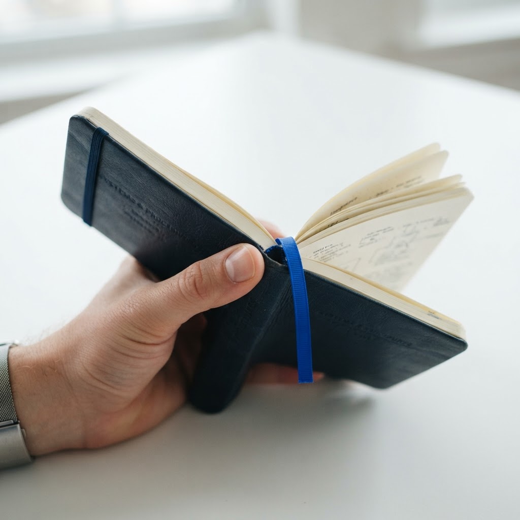 A close up of a professional notebook with a blue bookmark