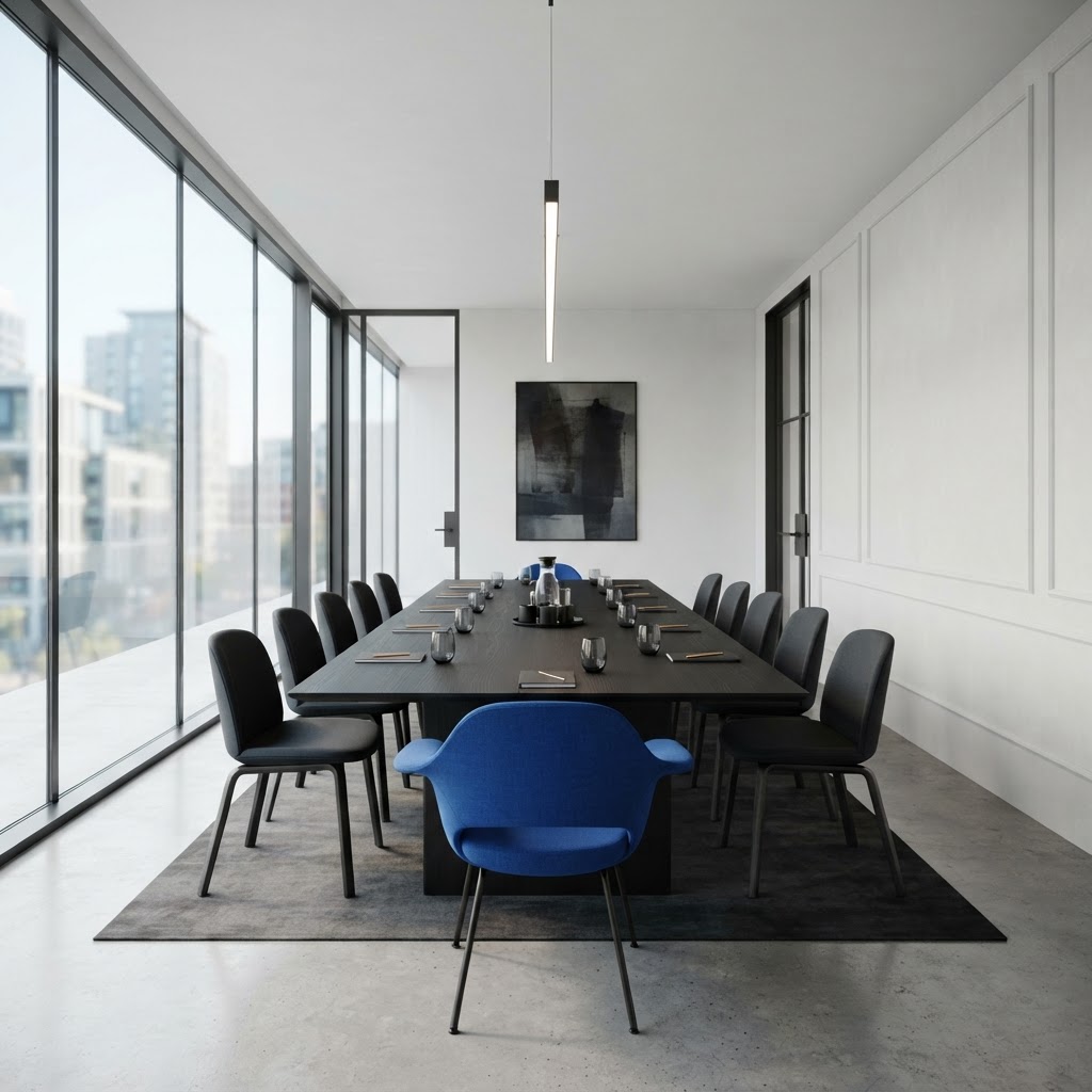 An empty modern boardroom with a single blue accent chair