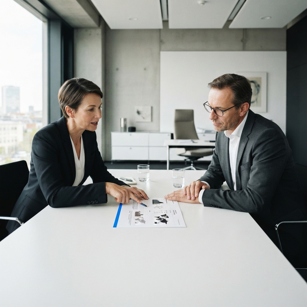 Two business professionals analyzing strategy in a minimalist office