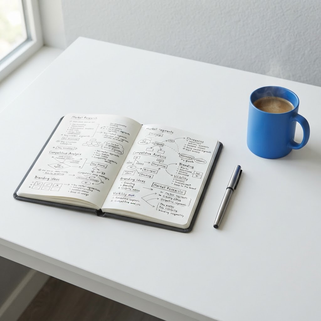 Clean desk setup with strategic notes and blue mug
