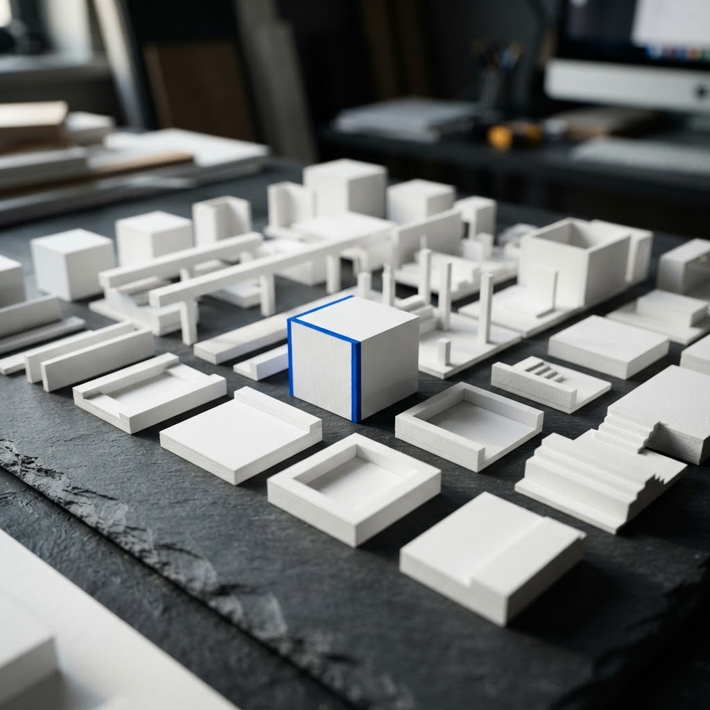 Precision white blocks on dark surface with blue accent