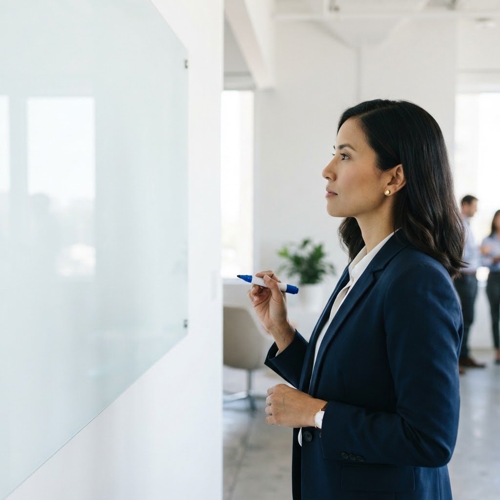 Strategist standing by a clean white office wall