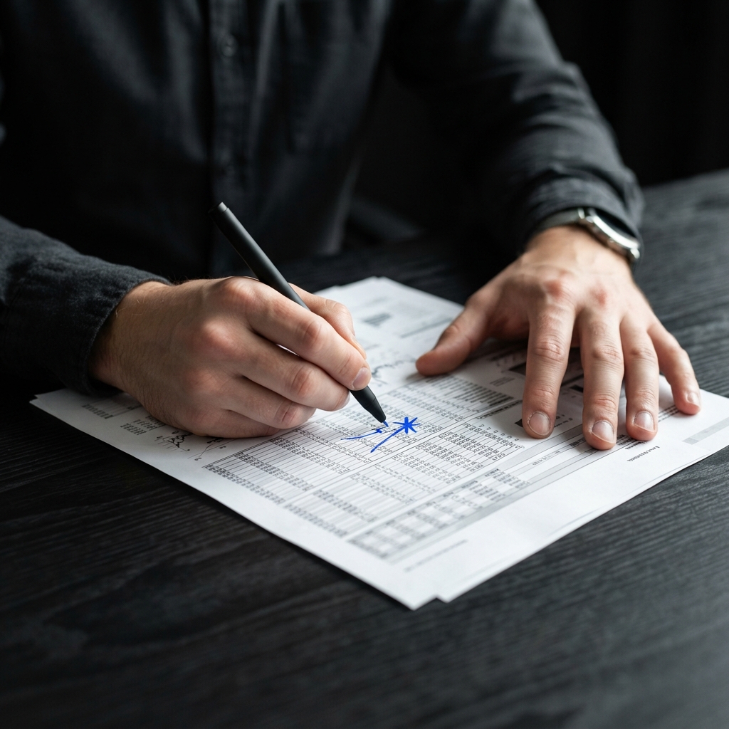 Professional annotating a pricing document with precision