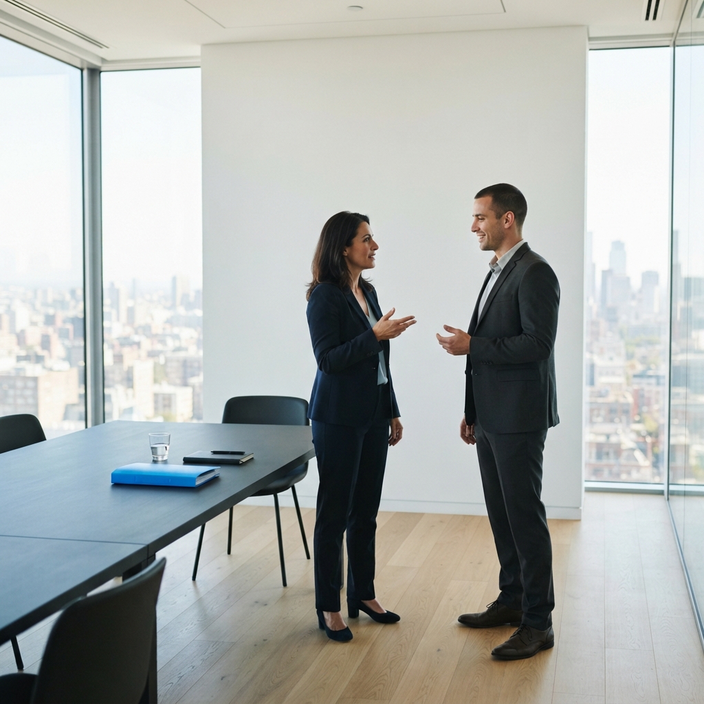 Two professionals collaborating in a clean modern office