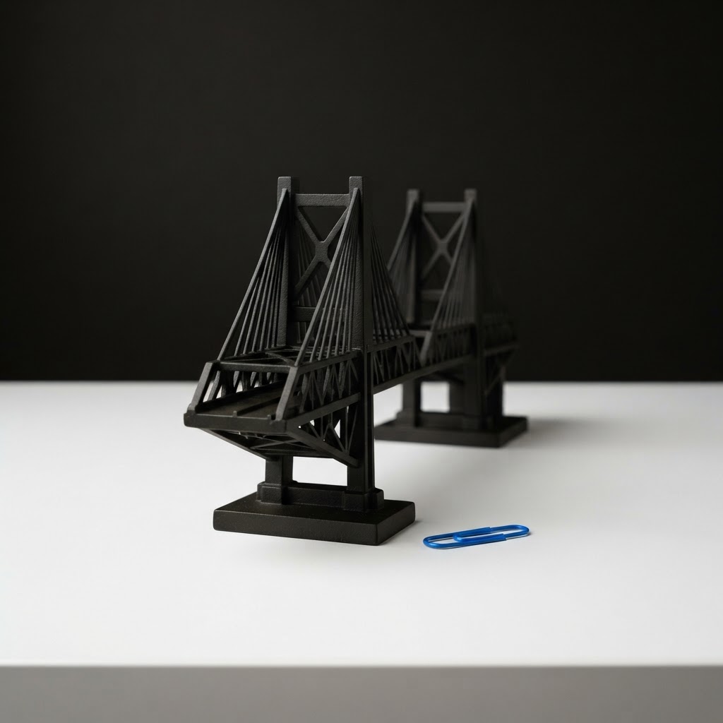 Minimalist architectural scale model on white desk with electric blue accent