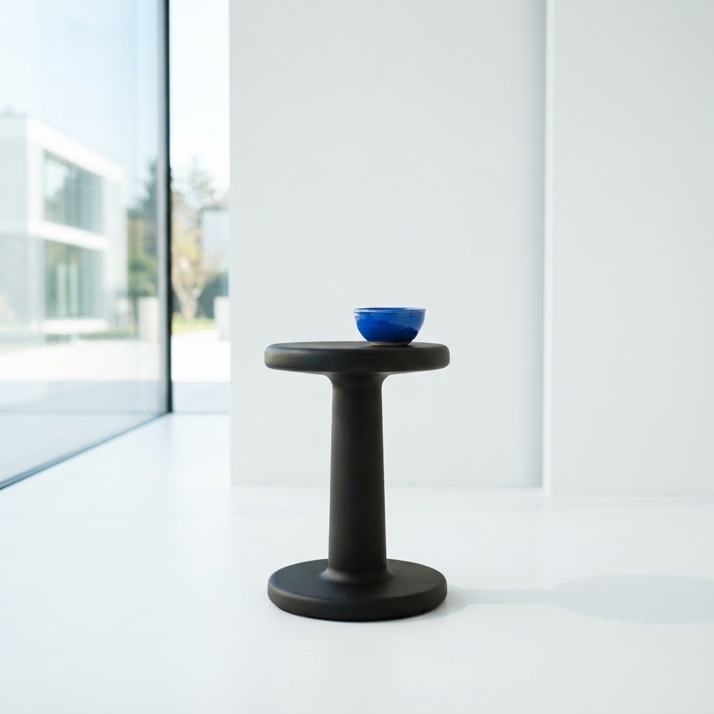 Minimalist black stool on white floor with a vibrant blue bowl