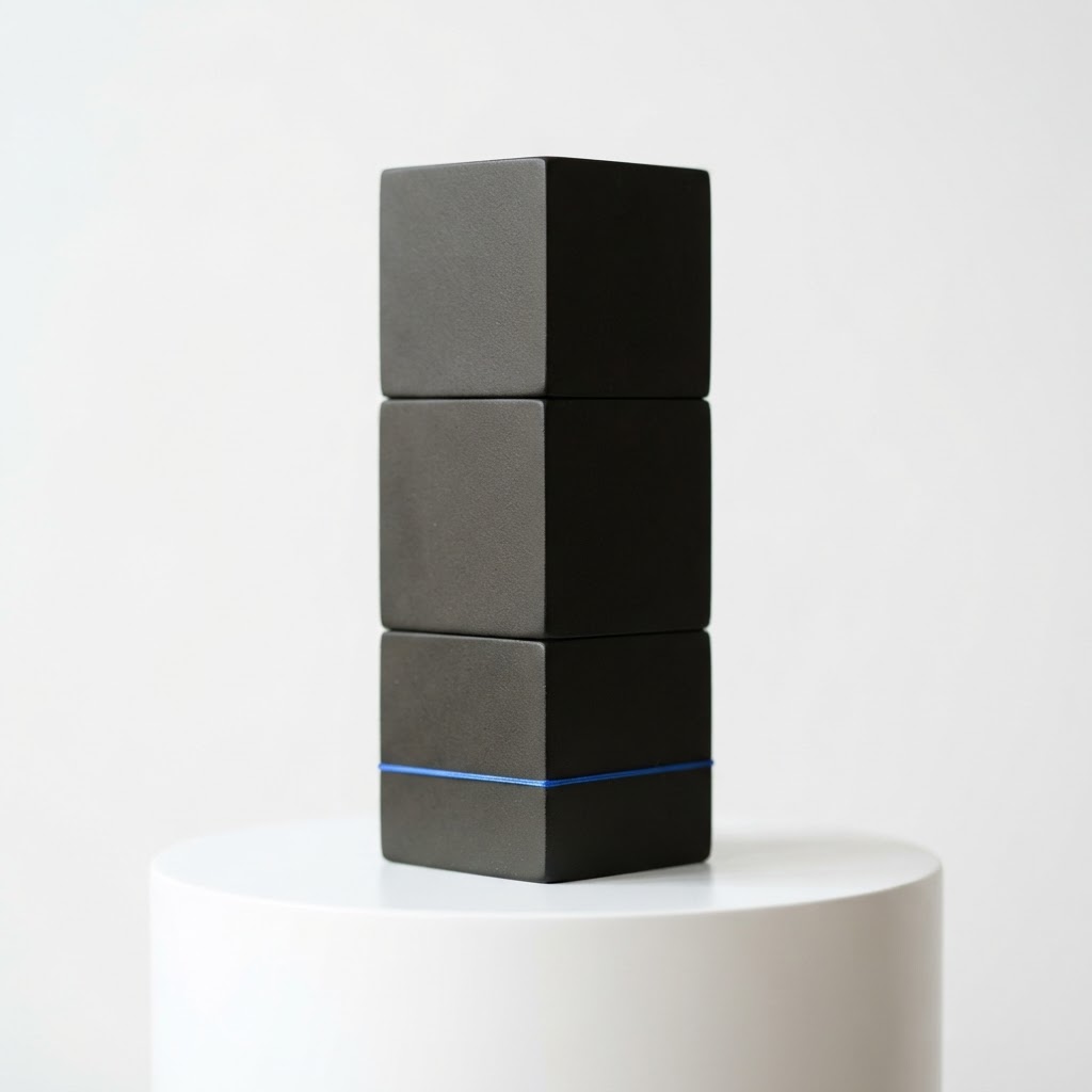 Stack of black architectural blocks with a thin blue thread