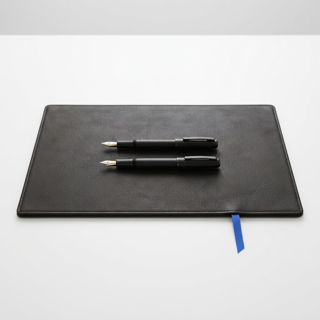 Two near black fountain pens on a desk mat with a blue ribbon accent