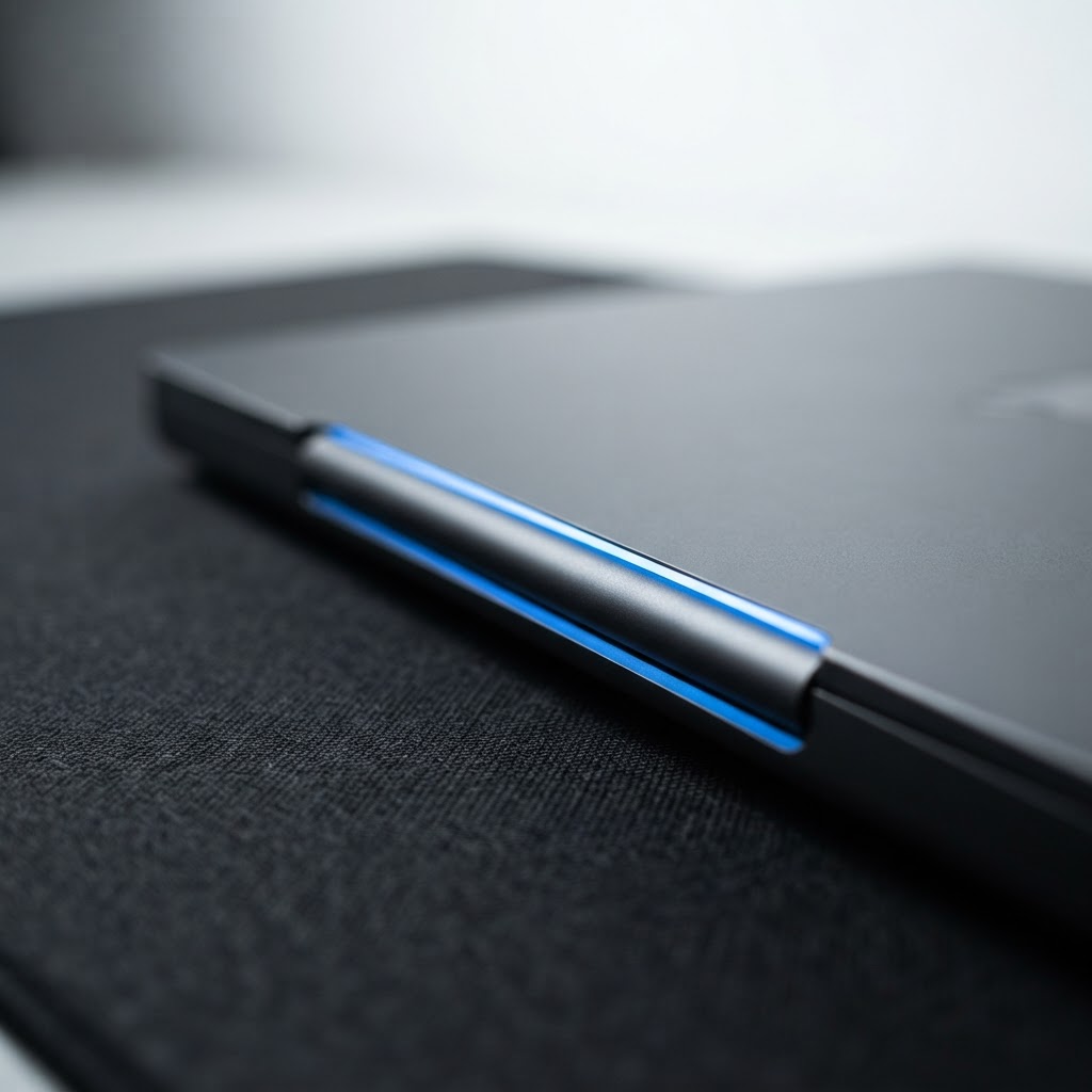 A high end laptop lid on a dark desk