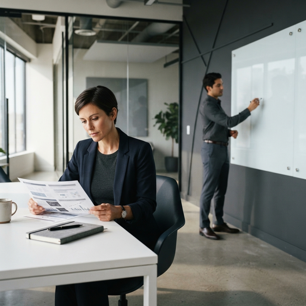 Marketing leader conducting a strategy session in an office